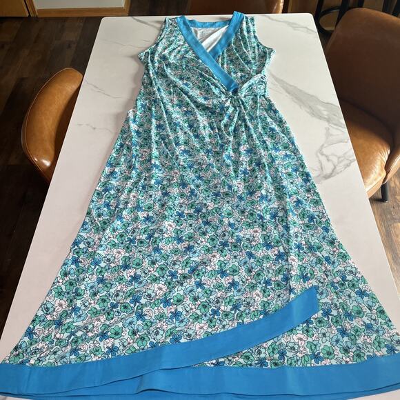 Lands End Faux Wrap Maxi Dress Size Large Floral Sleeveless Stretch Blue NWT - Picture 1 of 16